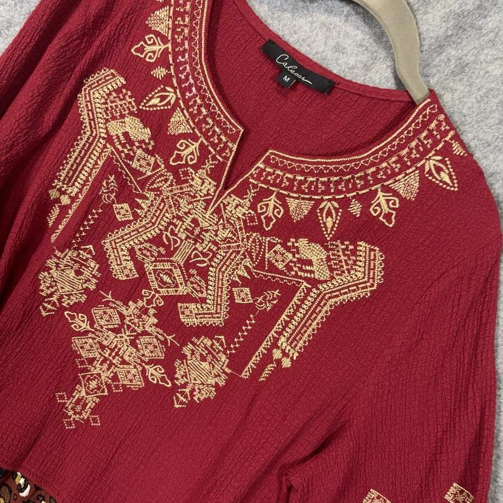Calessa Blouse Tunic Womens Sz M Red Tiered Aztec Leopard Ruffles NWT
